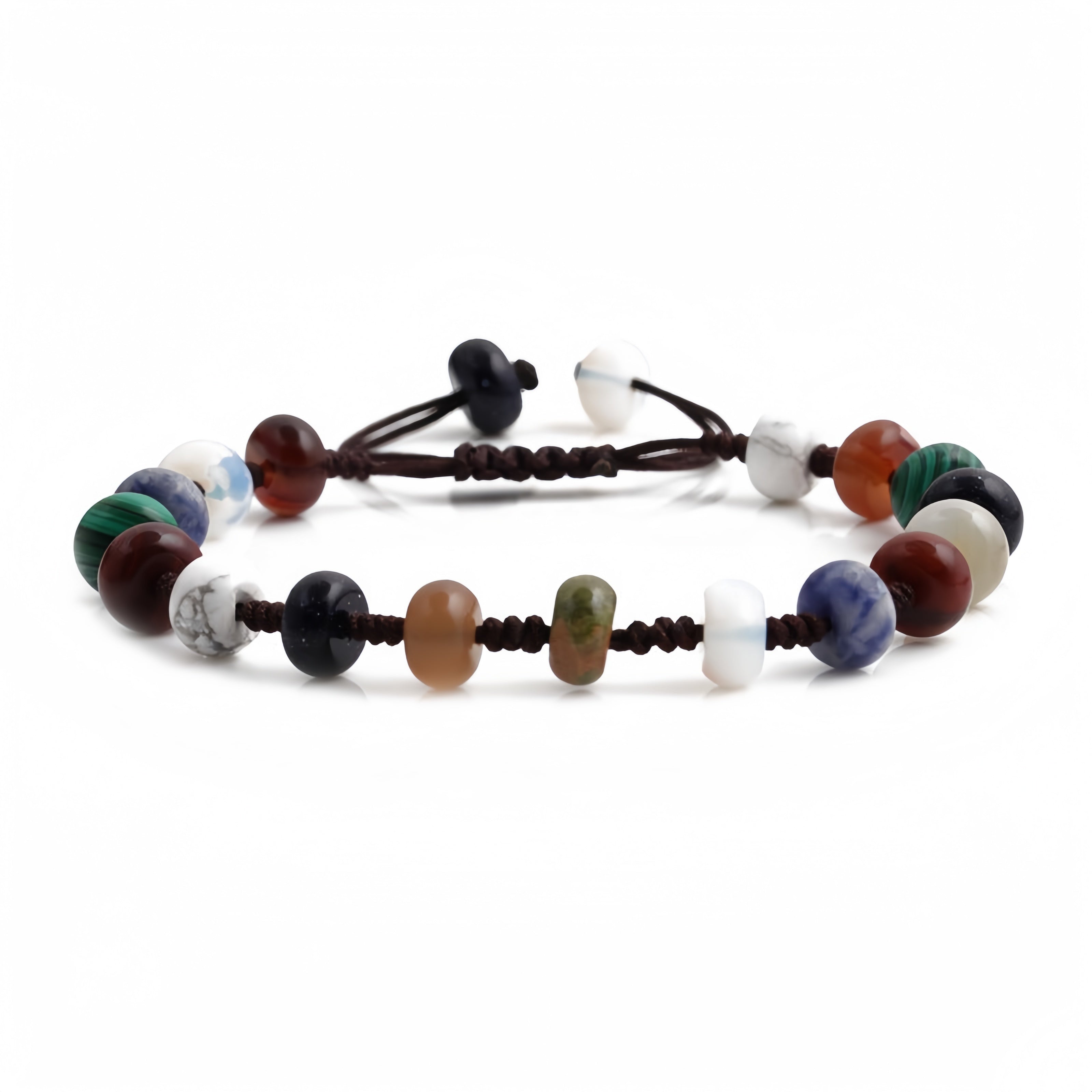 Detailed view of the multicolored seven chakra energy beaded bracelet