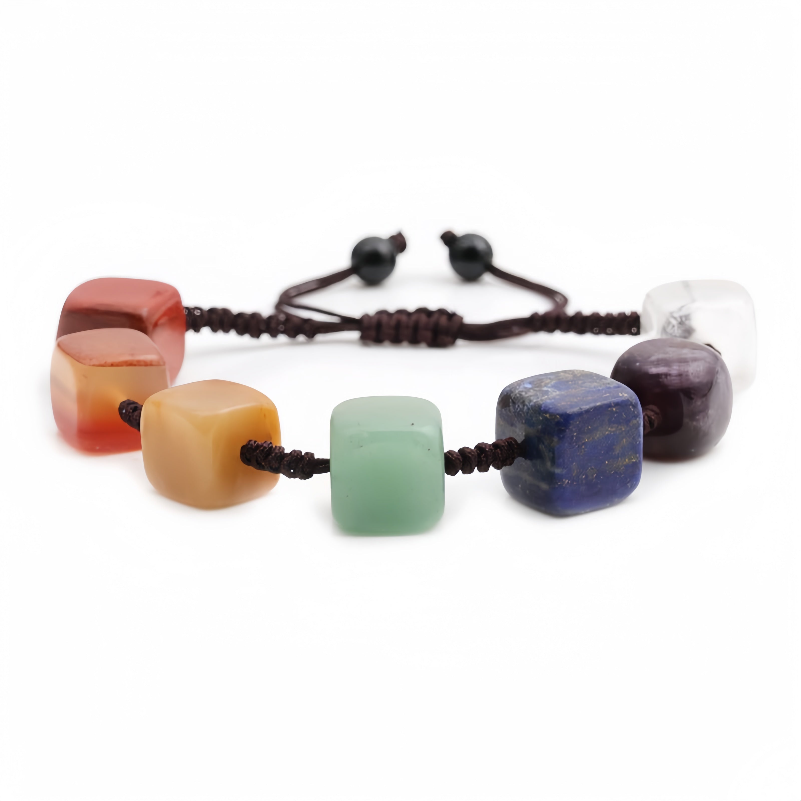 Seven chakra bracelet with large and small abacus beads on a white background