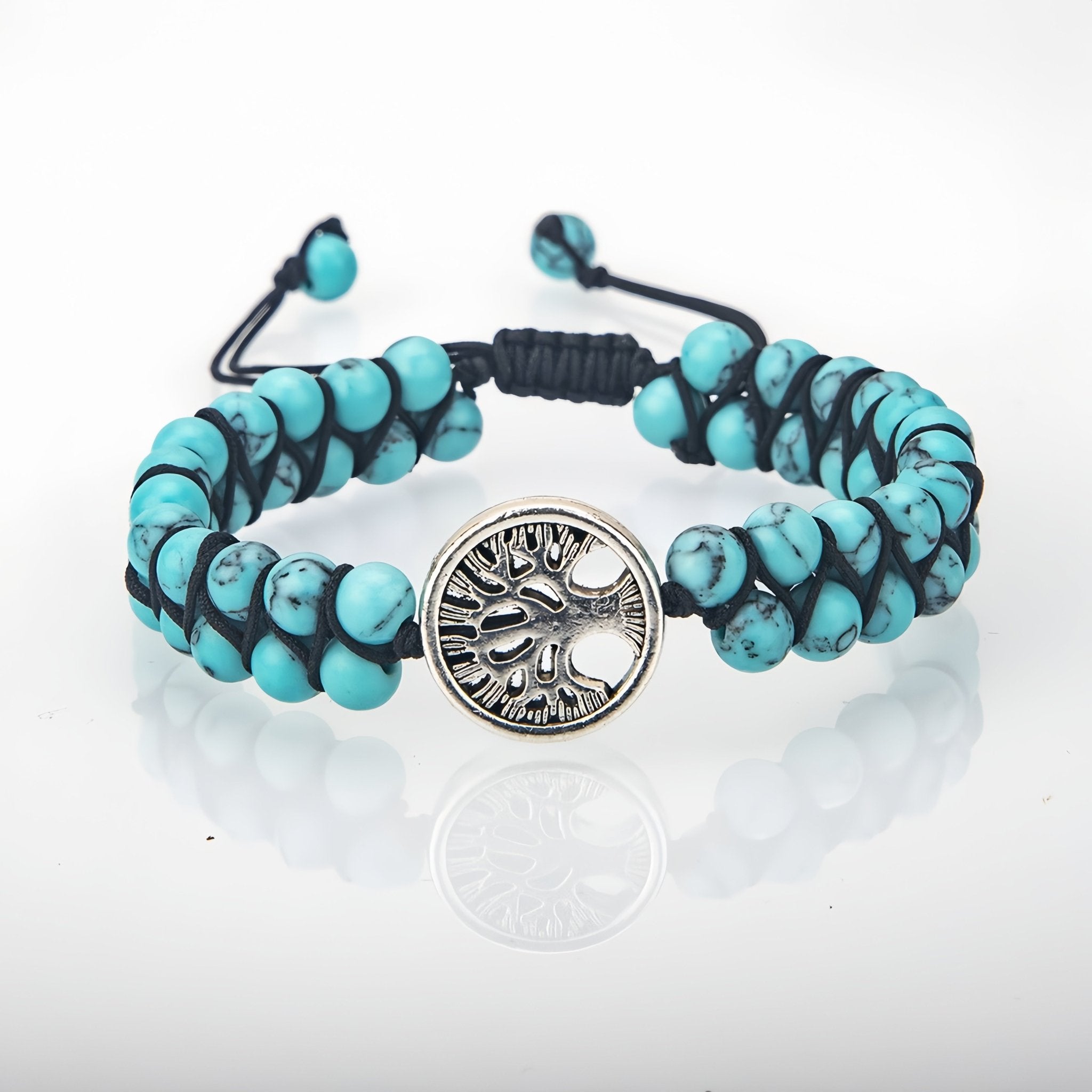Original 6MM double-row turquoise yoga bracelet with a tree of life silver pendant, displayed on a white background.